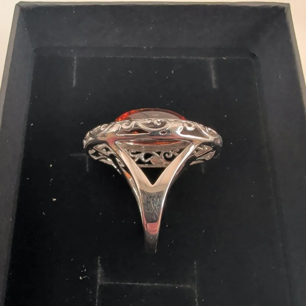 STS Jewels Sterling Silver & Cognac Amber Pebbled Filigree Statement Ring